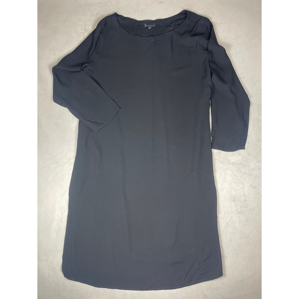 Eileen Fisher Black Long Sleeve Shift Dress Women XL Round Neck Minimalist Crepe